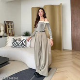 Beige cotton blend Korean reverse pleated trousers for office and casual wear without belt - versatile pants for work and leisure
